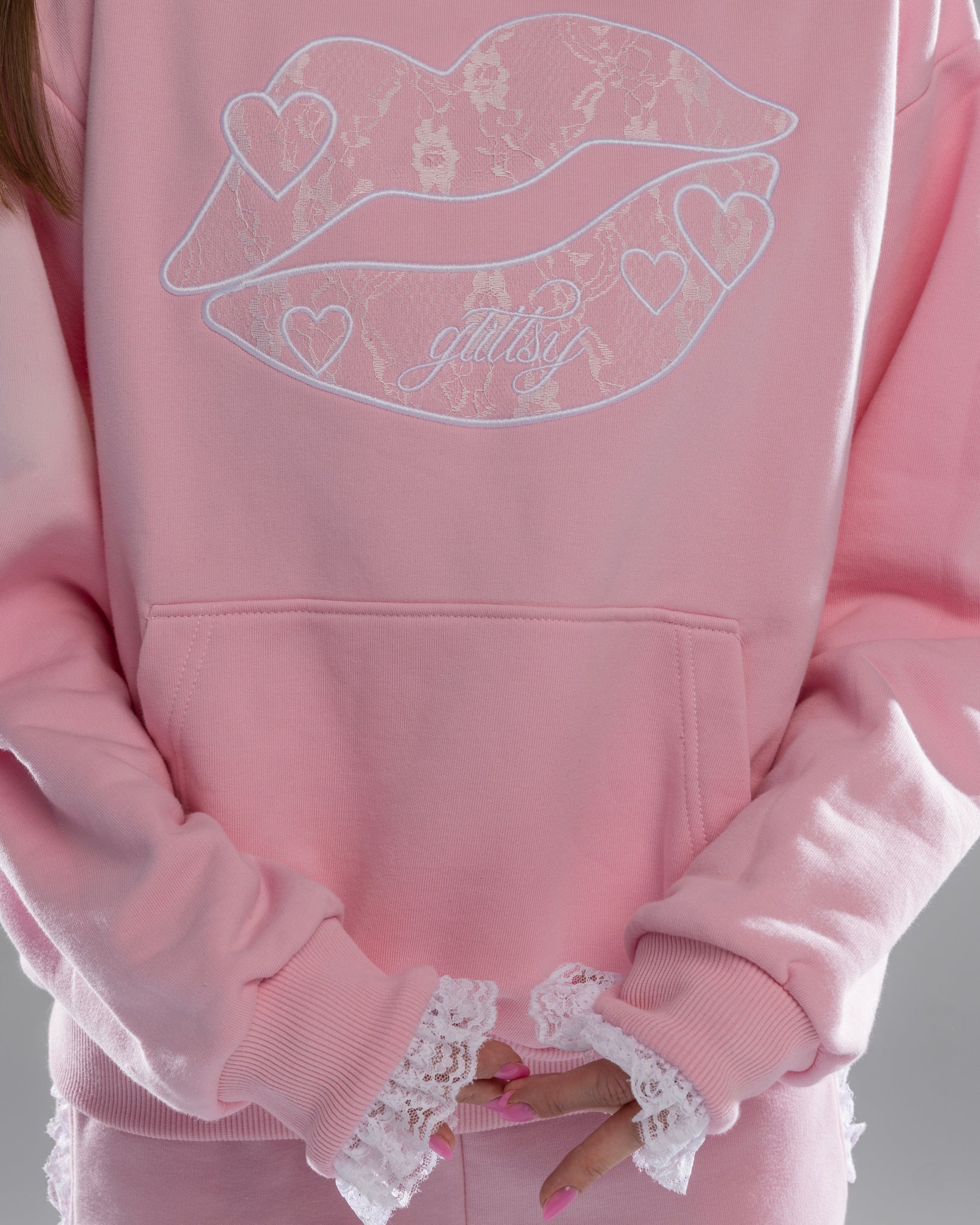 Glittsy Lace Hoodie Pink