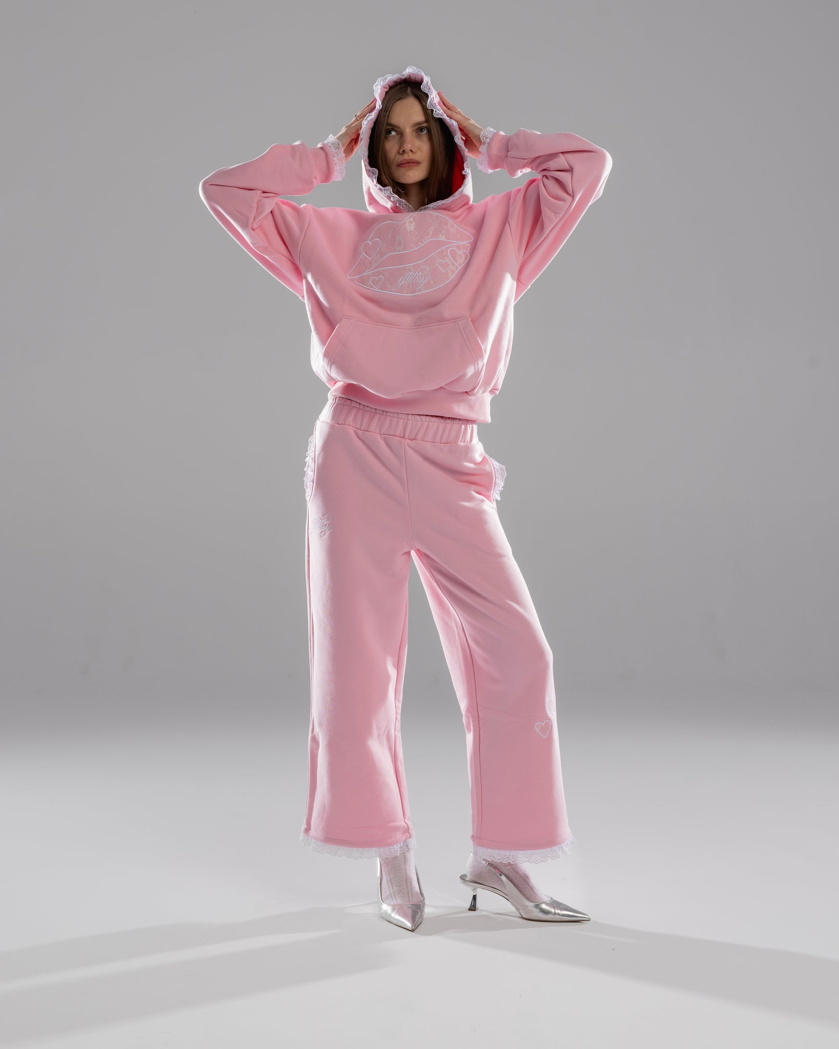 Glittsy Lace Sweatpants Pink