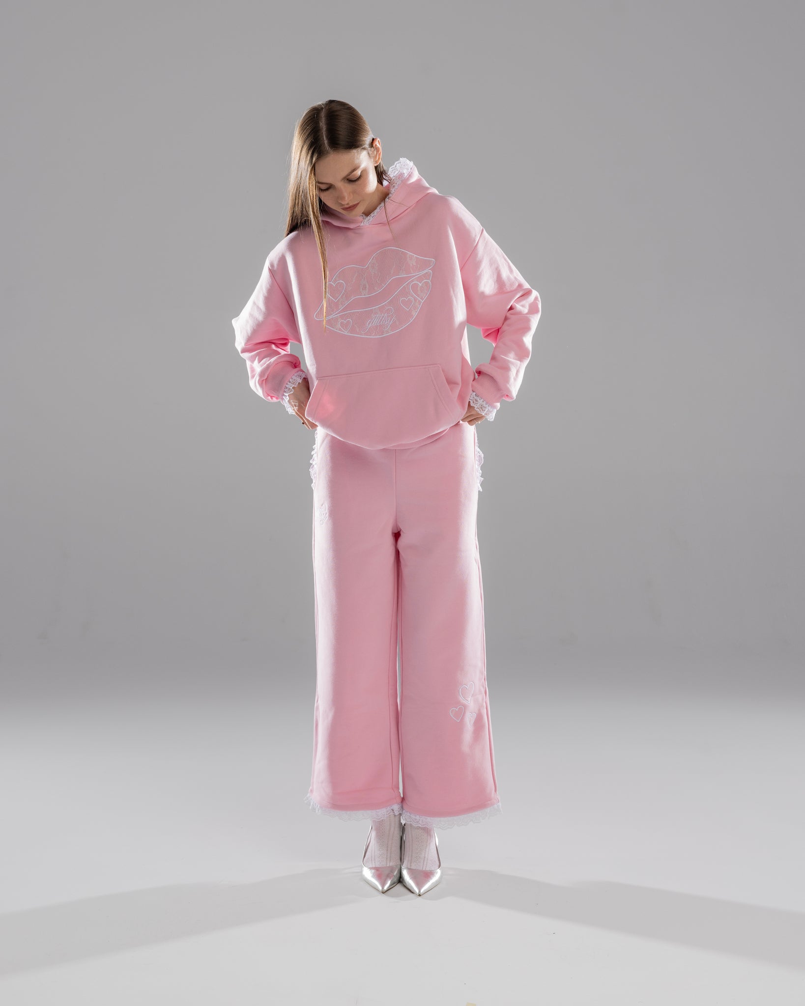 Glittsy Lace Hoodie Pink